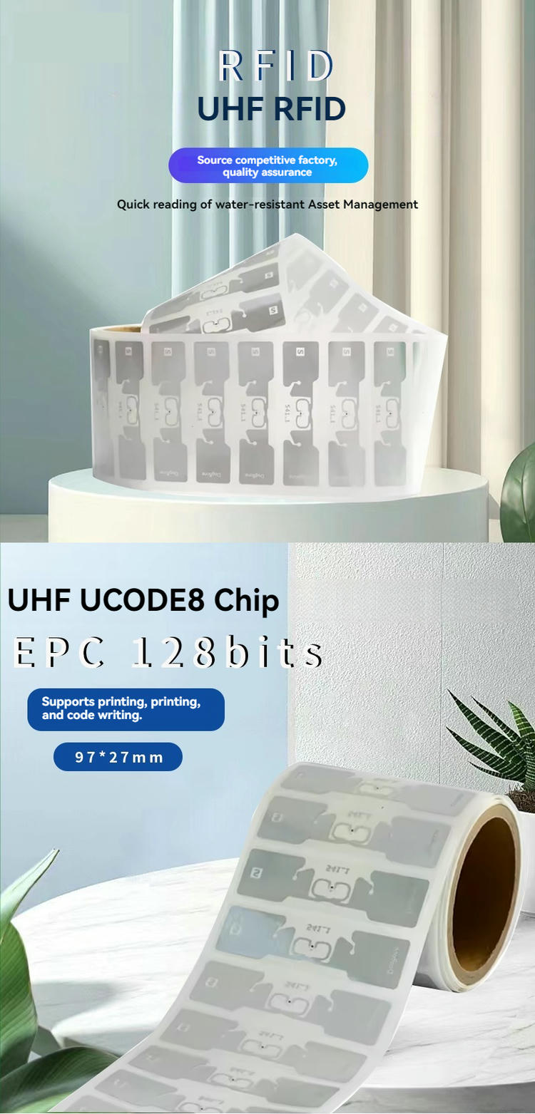 UHF RFIDラベル製品のうち、金属面に貼付した倉庫在庫追跡向けUHF RFIDラベルの製品写真。